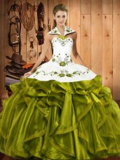 Romantic Halter Top Sleeveless Satin and Organza Sweet 16 Quinceanera Dress Embroidery and Ruffles Lace Up