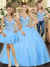 Tulle Straps Sleeveless Lace Up Beading 15 Quinceanera Dress in Baby Blue