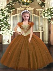 Discount Brown Ball Gowns Straps Sleeveless Tulle Floor Length Lace Up Beading Custom Made Pageant Dress