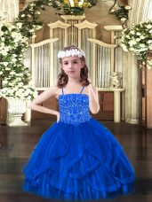 Blue Pageant Dresses Party and Quinceanera with Beading and Ruffles Spaghetti Straps Sleeveless Lace Up