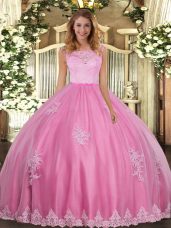 Clearance Rose Pink Sleeveless Lace and Appliques Floor Length Ball Gown Prom Dress