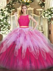 Sleeveless Organza Floor Length Zipper Quinceanera Dresses in Hot Pink with Lace and Ruffles