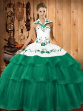 Best Selling Turquoise Lace Up Halter Top Embroidery and Ruffled Layers Quinceanera Gowns Organza Sleeveless Sweep Train