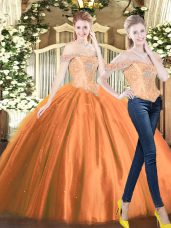 Orange Red Two Pieces Beading Sweet 16 Quinceanera Dress Lace Up Tulle Sleeveless Floor Length