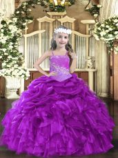 Organza Straps Sleeveless Lace Up Beading and Ruffles Little Girl Pageant Gowns in Purple