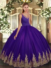 Custom Fit Purple V-neck Backless Appliques Vestidos de Quinceanera Sleeveless