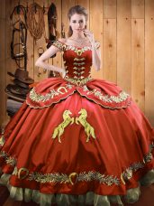Best Satin and Organza Off The Shoulder Sleeveless Lace Up Beading and Embroidery Vestidos de Quinceanera in Rust Red
