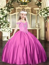Fuchsia Lace Up Pageant Dress Toddler Beading Sleeveless Floor Length