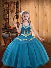 Simple Floor Length Teal Little Girls Pageant Dress Wholesale Organza Sleeveless Embroidery and Ruffles