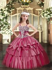 Hot Pink Ball Gowns Straps Sleeveless Organza Floor Length Lace Up Appliques and Ruffled Layers Little Girls Pageant Dress