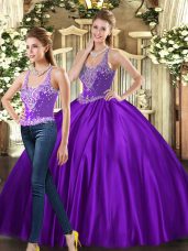 Noble Tulle Straps Sleeveless Lace Up Beading Ball Gown Prom Dress in Purple