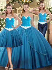 Teal Sleeveless Tulle Lace Up Quinceanera Dresses for Military Ball and Sweet 16 and Quinceanera