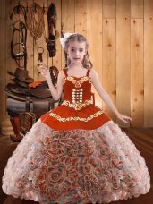 Multi-color Ball Gowns Fabric With Rolling Flowers Straps Sleeveless Embroidery and Ruffles Floor Length Lace Up Little Girls Pageant Dress Wholesale