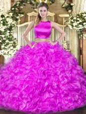 Top Selling High-neck Sleeveless Criss Cross Sweet 16 Quinceanera Dress Hot Pink Tulle