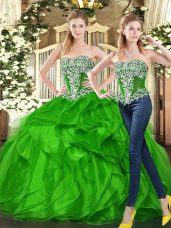 New Arrival Sweetheart Sleeveless Sweet 16 Dress Floor Length Beading and Ruffles Green Organza