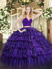 Luxurious Purple Two Pieces Halter Top Sleeveless Organza Floor Length Zipper Ruffled Layers Sweet 16 Quinceanera Dress