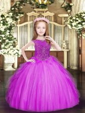 Stunning Fuchsia Ball Gowns Beading and Ruffles Girls Pageant Dresses Zipper Tulle Sleeveless Floor Length