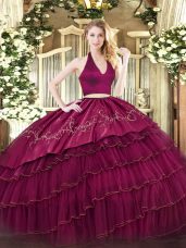 Burgundy Organza and Taffeta Zipper 15th Birthday Dress Sleeveless Floor Length Embroidery and Ruffled Layers
