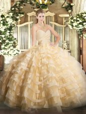 Champagne Organza Lace Up 15th Birthday Dress Sleeveless Floor Length Beading and Ruffled Layers