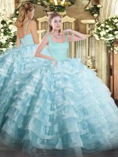 Noble Ball Gowns Quinceanera Dress Light Blue Straps Organza Sleeveless Floor Length Zipper