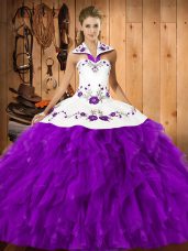 Floor Length Eggplant Purple Quinceanera Gown Halter Top Sleeveless Lace Up