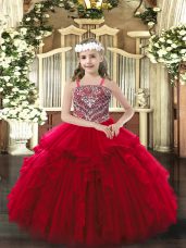 New Arrival Wine Red Ball Gowns Organza Straps Sleeveless Beading and Ruffles Floor Length Lace Up Juniors Party Dress