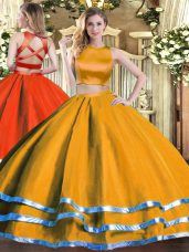 Admirable Orange Two Pieces High-neck Sleeveless Tulle Floor Length Criss Cross Ruching Sweet 16 Quinceanera Dress