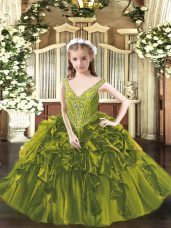 Enchanting Organza V-neck Sleeveless Lace Up Beading and Ruffles Pageant Dresses in Olive Green