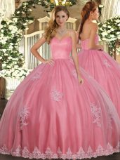 Beading and Appliques 15 Quinceanera Dress Watermelon Red Lace Up Sleeveless Floor Length