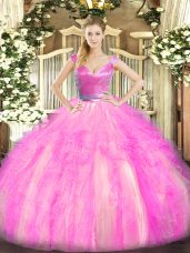 Rose Pink Sleeveless Tulle Zipper 15th Birthday Dress for Military Ball and Sweet 16 and Quinceanera