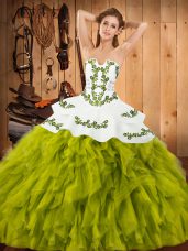 Olive Green Strapless Lace Up Embroidery and Ruffles Sweet 16 Quinceanera Dress Sleeveless
