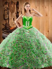 High End Multi-color Satin and Fabric With Rolling Flowers Lace Up Quinceanera Gowns Sleeveless With Train Sweep Train Embroidery