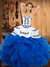 New Style Blue Sleeveless Satin and Organza Lace Up 15 Quinceanera Dress for Military Ball and Sweet 16 and Quinceanera