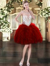 Scoop Sleeveless Prom Dresses Mini Length Beading and Ruffles Wine Red Organza