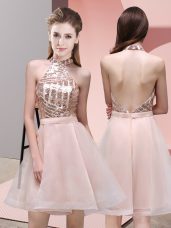 Mini Length Backless Quinceanera Dama Dress Baby Pink for Prom and Party and Wedding Party with Sequins