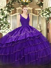 Extravagant V-neck Sleeveless Backless Sweet 16 Dresses Purple Organza and Taffeta