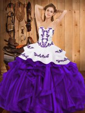 Captivating Purple Quinceanera Gown Military Ball and Sweet 16 and Quinceanera with Embroidery and Ruffles Strapless Sleeveless Lace Up