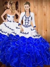 Smart Sleeveless Floor Length Embroidery and Ruffles Lace Up Quince Ball Gowns with Blue And White