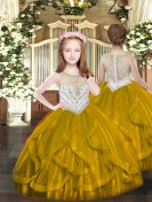 Scoop Sleeveless Little Girls Pageant Dress Wholesale Floor Length Beading and Ruffles Brown Tulle
