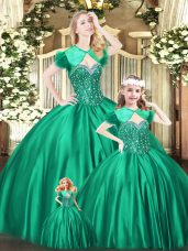 Excellent Green Sleeveless Floor Length Beading Lace Up Quinceanera Gowns