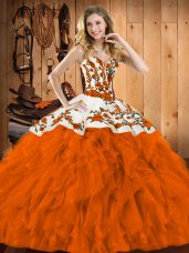 Excellent Sleeveless Floor Length Embroidery and Ruffles Lace Up Ball Gown Prom Dress with Rust Red