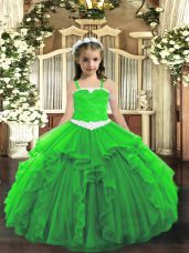 Green Straps Lace Up Appliques and Ruffles Glitz Pageant Dress Sleeveless