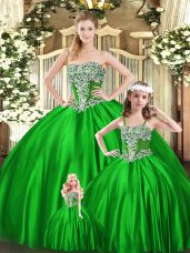 Green Ball Gowns Strapless Sleeveless Organza Floor Length Lace Up Beading Quinceanera Gowns