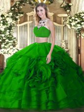 Delicate Sleeveless Floor Length Beading and Ruffled Layers Backless Quinceanera Dress with Green