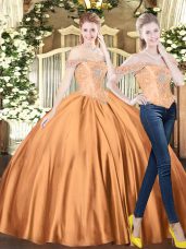 Flirting Floor Length Brown Quinceanera Gowns Off The Shoulder Sleeveless Lace Up