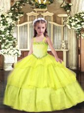 Luxurious Sleeveless Organza Floor Length Lace Up High School Pageant Dress in Yellow with Appliques and Ruffled Layers