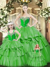 Romantic Organza Sweetheart Sleeveless Lace Up Beading and Ruffled Layers Quinceanera Gown in Green