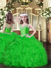Attractive Beading and Ruffles Girls Pageant Dresses Green Lace Up Sleeveless Floor Length