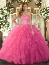 Luxurious Hot Pink Lace Up Sweetheart Ruffles Quinceanera Gown Tulle Sleeveless