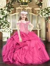 Ball Gowns Pageant Dresses Hot Pink Off The Shoulder Organza Sleeveless Floor Length Lace Up